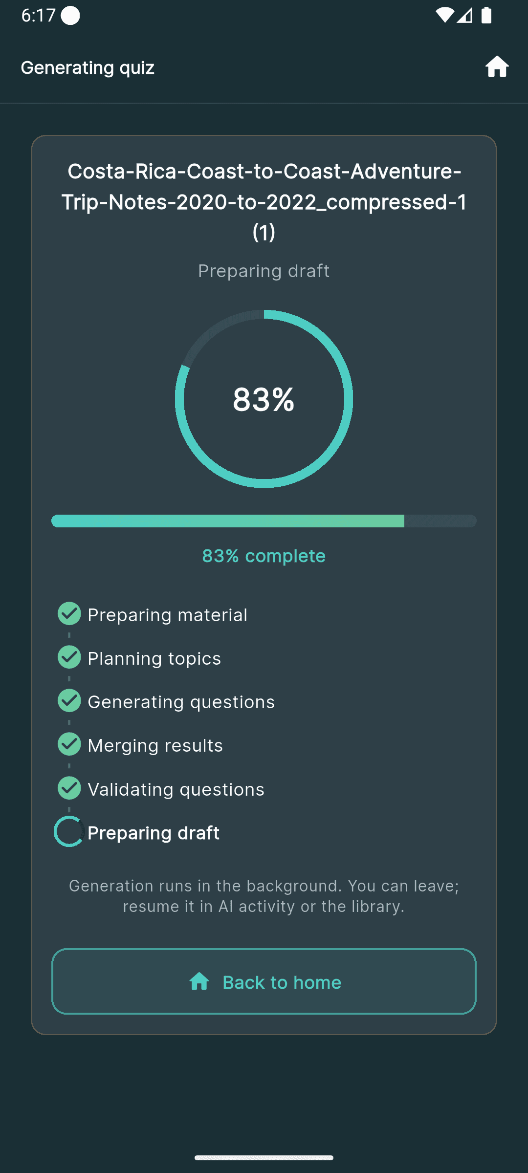 Quiz generation in progress, from class material.
