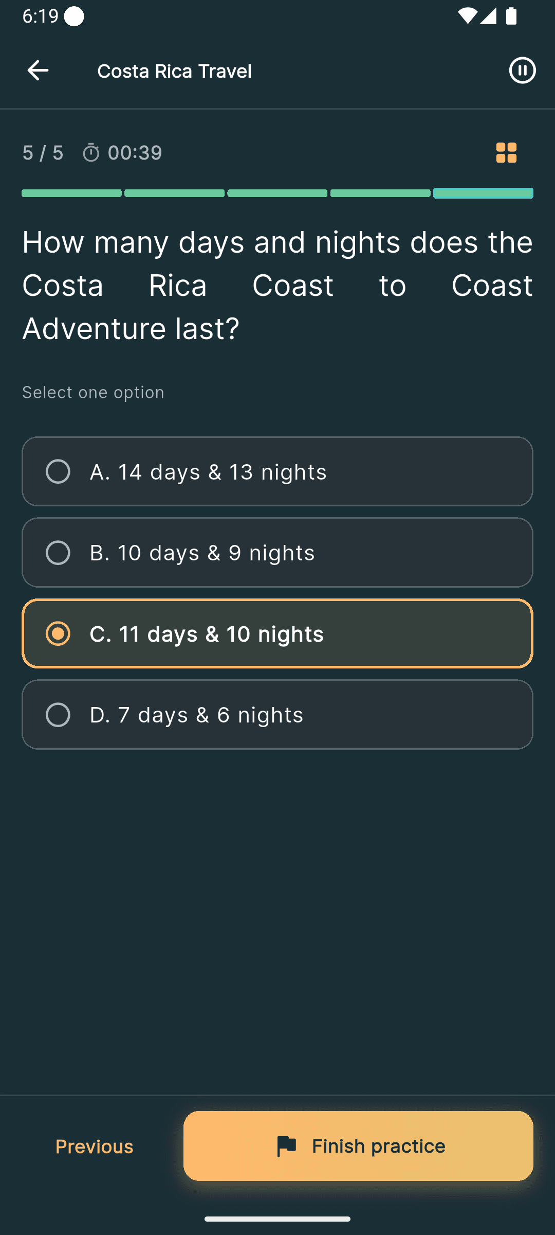 Practice question in the app about a Costa Rica trip, with one option selected.