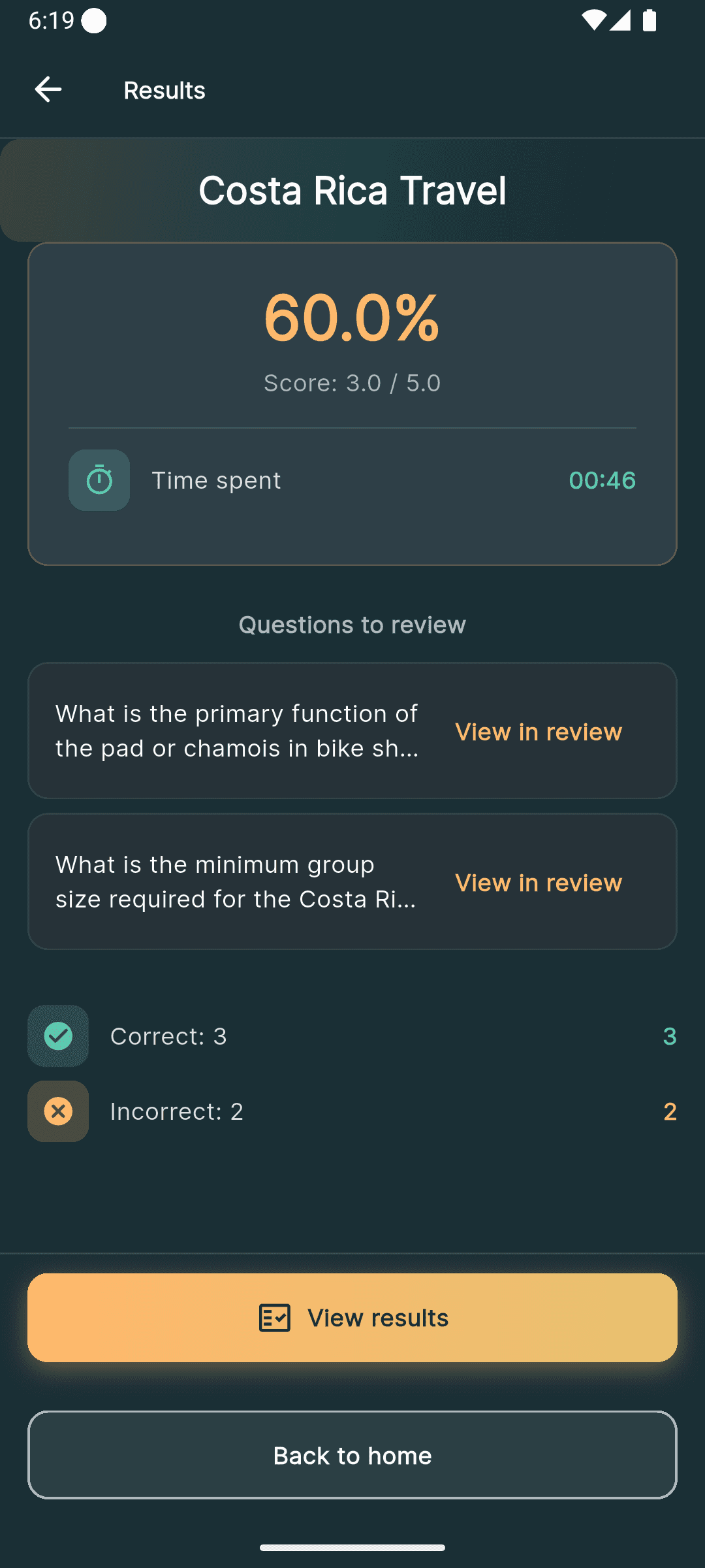 Quiz results with the score and the questions to review.