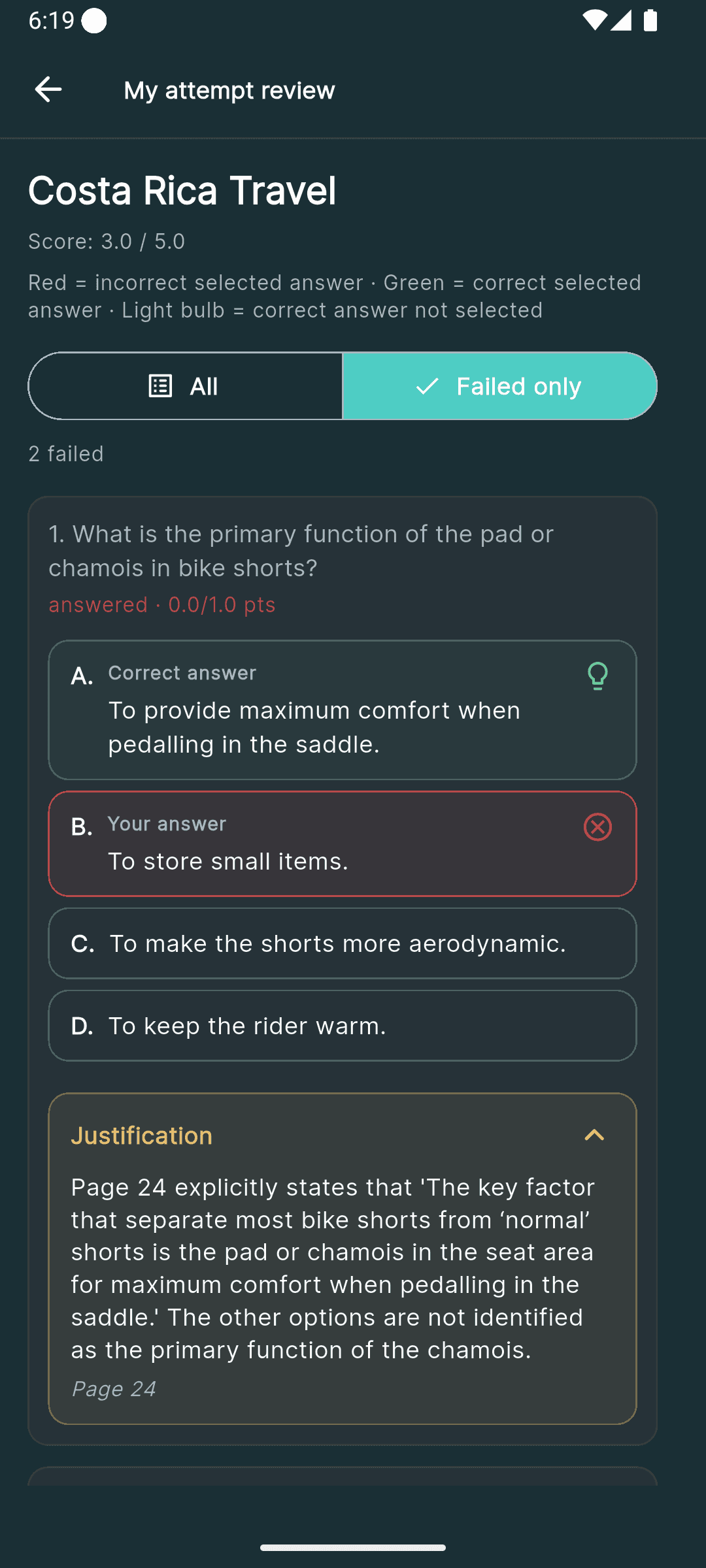 Attempt review with the correct answer, the chosen answer, and the explanation.