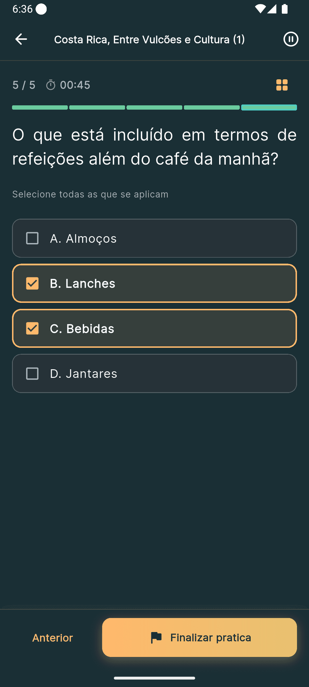 Pergunta de prática na app sobre a Costa Rica, com uma opção marcada.