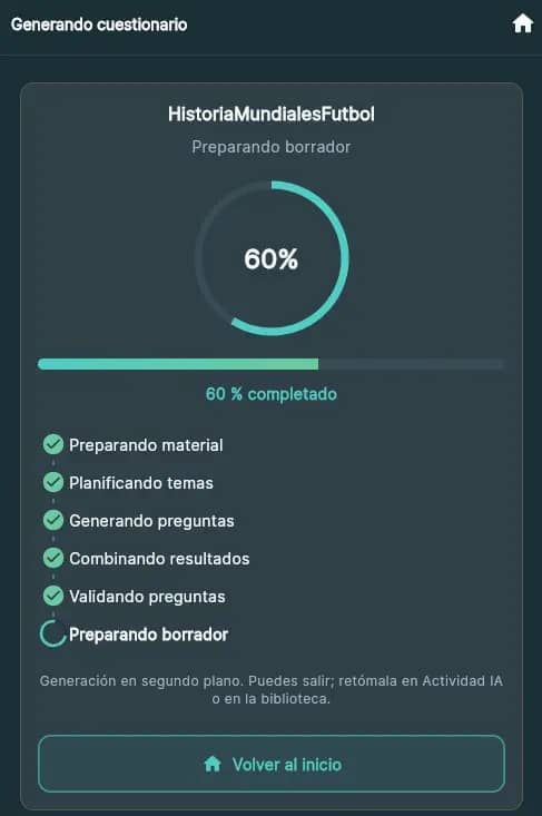 Generación de un cuestionario con IA en progreso.