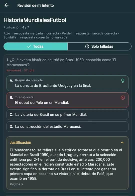 Revisión de un intento con la respuesta del estudiante, la correcta y la justificación.