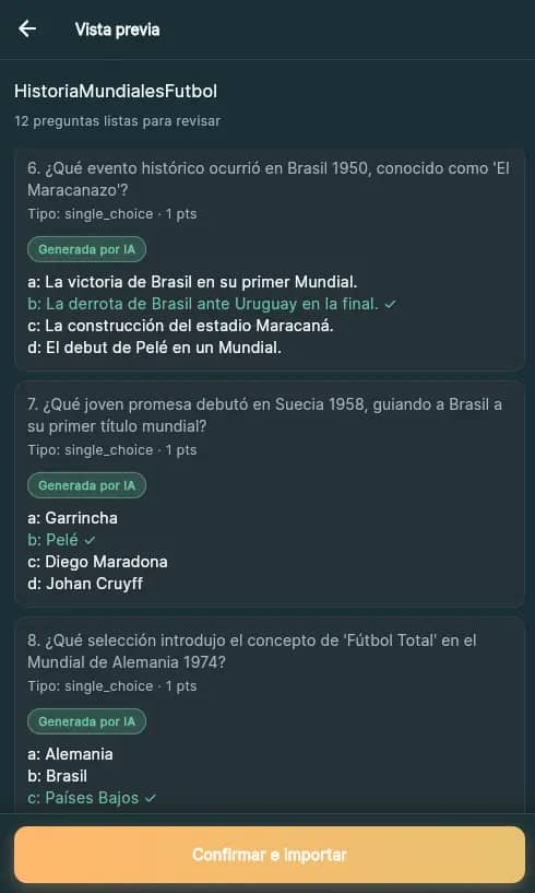 Vista previa de preguntas generadas por IA listas para importar.