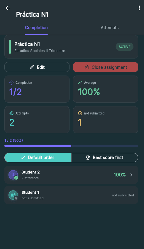 Social studies assignment, with the class average and student progress.