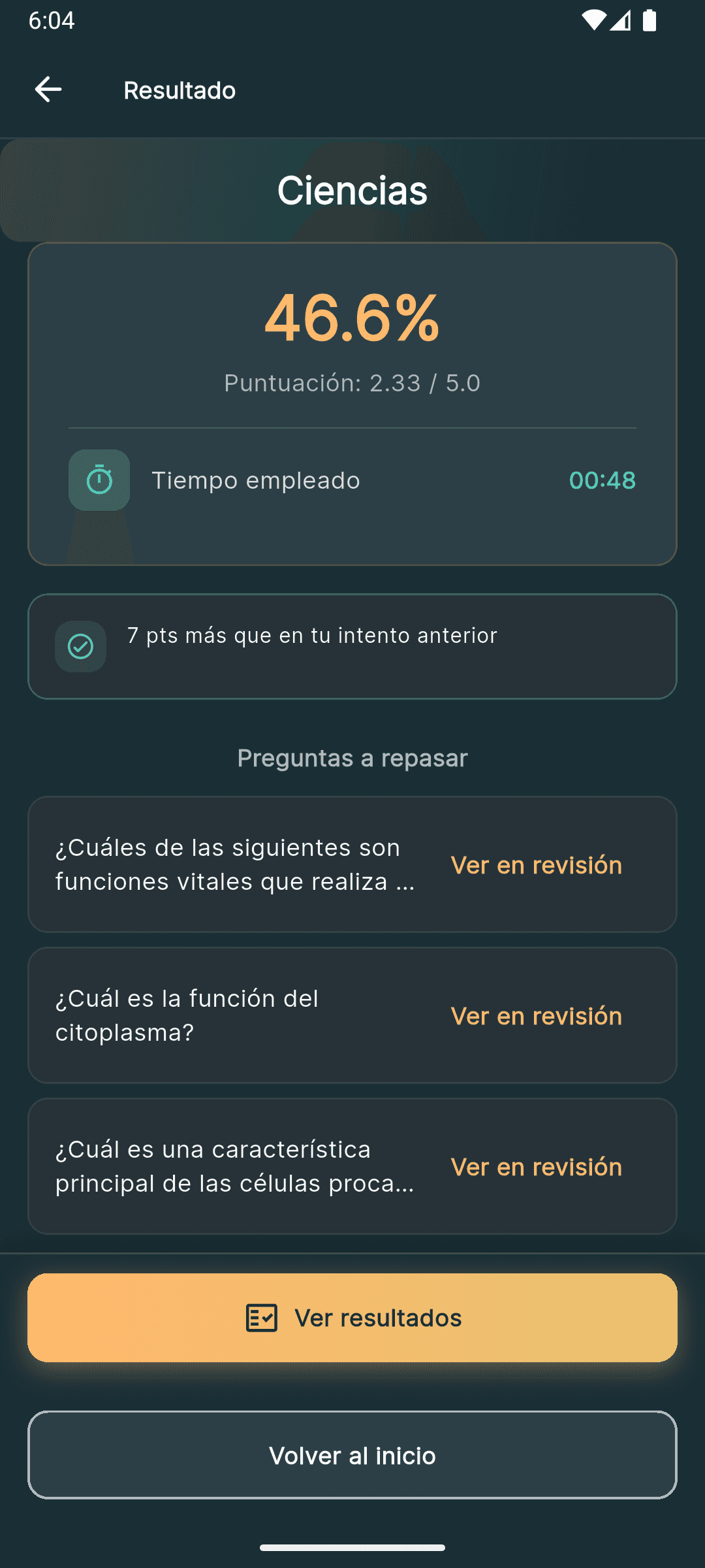 Resultado de un cuestionario de ciencias, con la nota y las preguntas a repasar.
