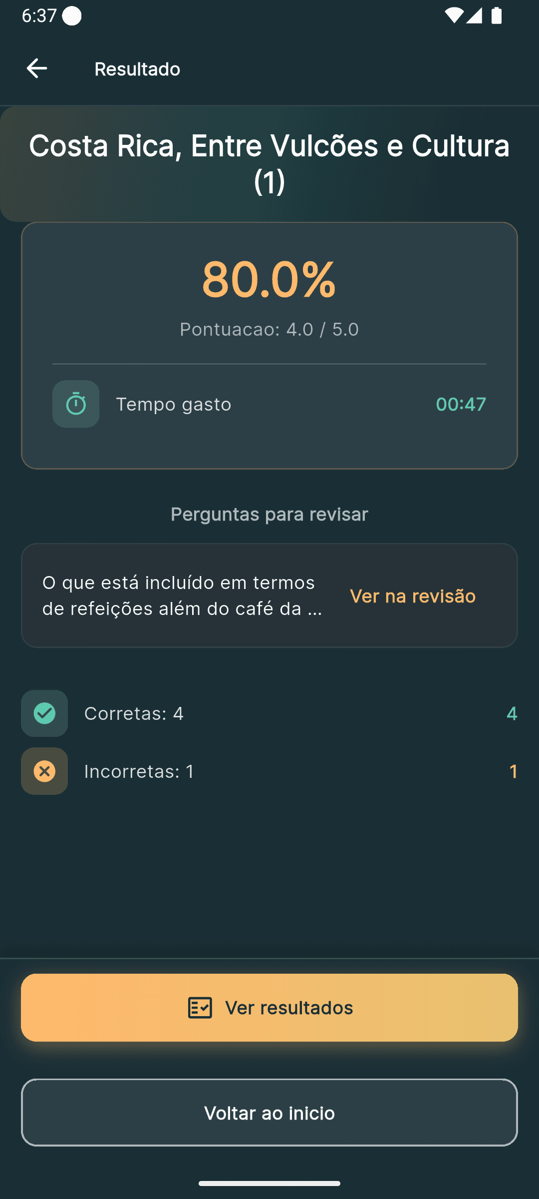 Resultado de um questionário, com a nota e as perguntas para rever.